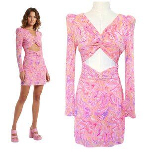 LoveShackFancy Nanita Mini Dress Pink Marble Cut-Out Long Sleeve S